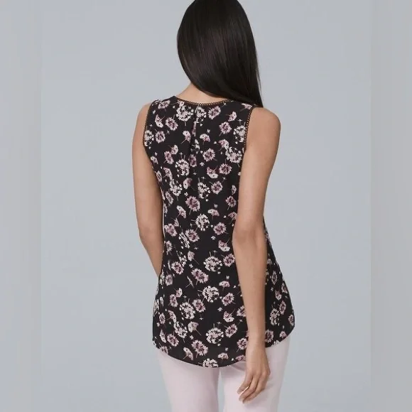 Lace-Detail Printed Shell | Size XXS | Color Black with Lavender Frost | WHBM - Picture 3 of 7